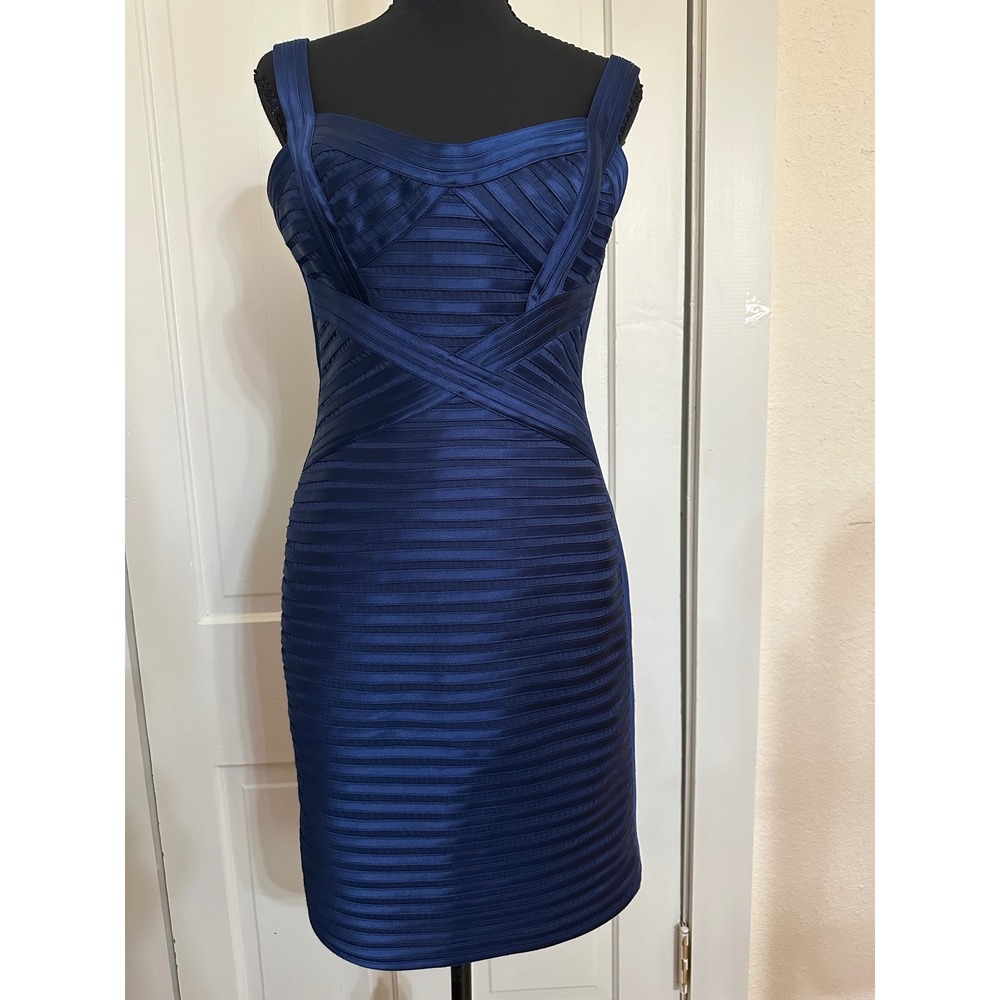 BCBGMAXAZRIA Rivas Bandage Dress Blue Depth Bodycon Cocktail Size 8 PCS6R272